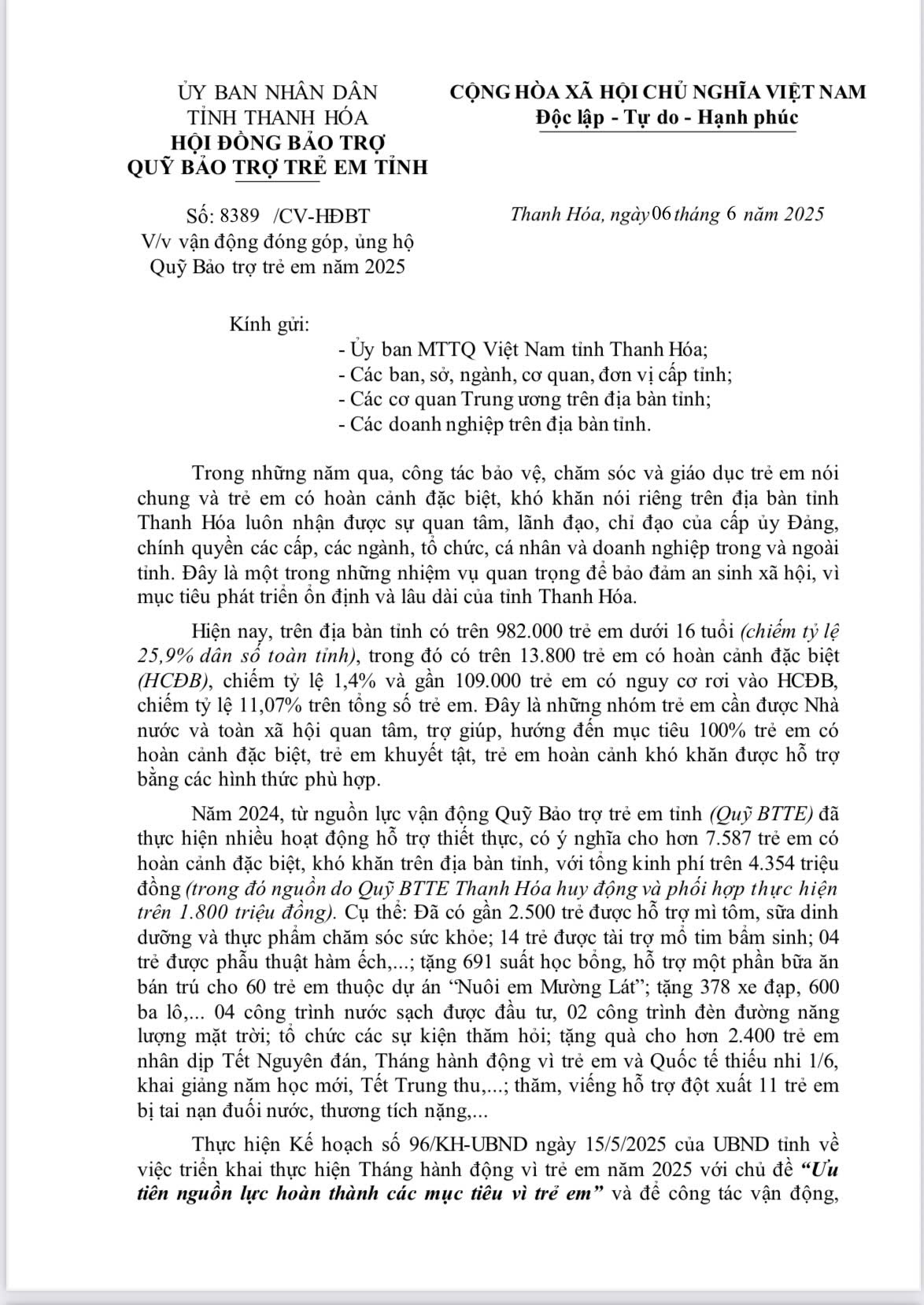 Văn bản số 8389/CV-HĐBT ngày 06/06/2025 của Hội đồng Bảo trợ Quỹ Bảo trợ trẻ em tỉnh Thanh Hóa (trang 1).