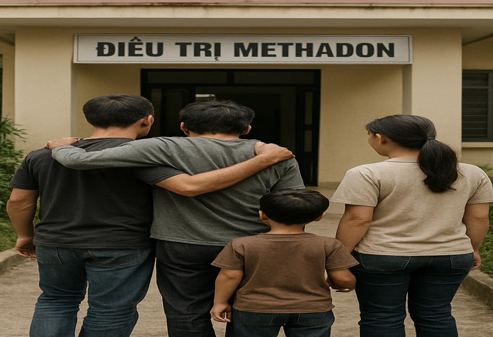 Gia đình đồng hành cùng người bệnh đến cơ sở điều trị.