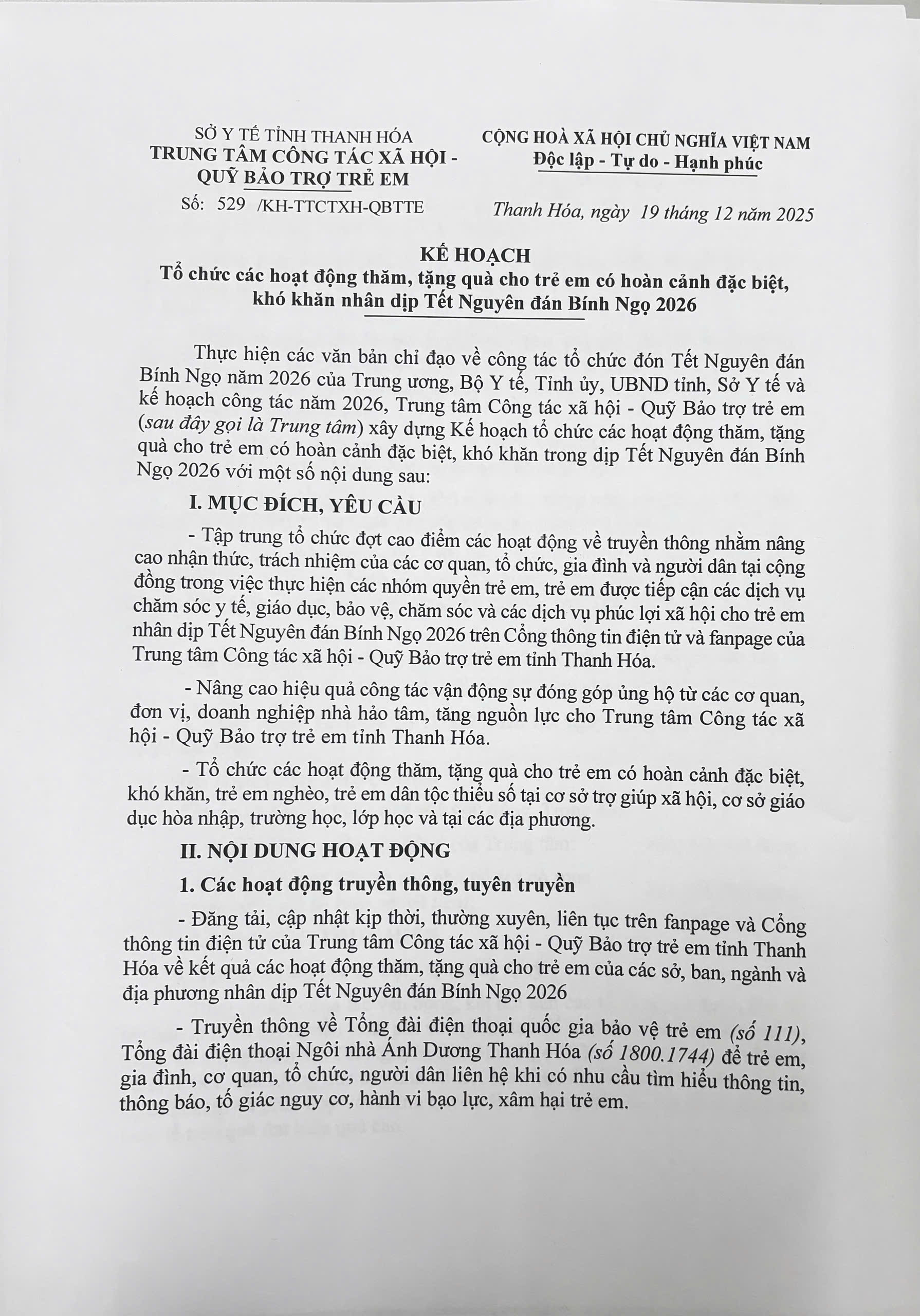 Kế hoạch Tổ chức các hoạt động thăm, tặng quà cho trẻ em có hoàn cảnh đặc biệt, khó khăn nhân dịp Tết Nguyên đán Bính Ngọ 2026